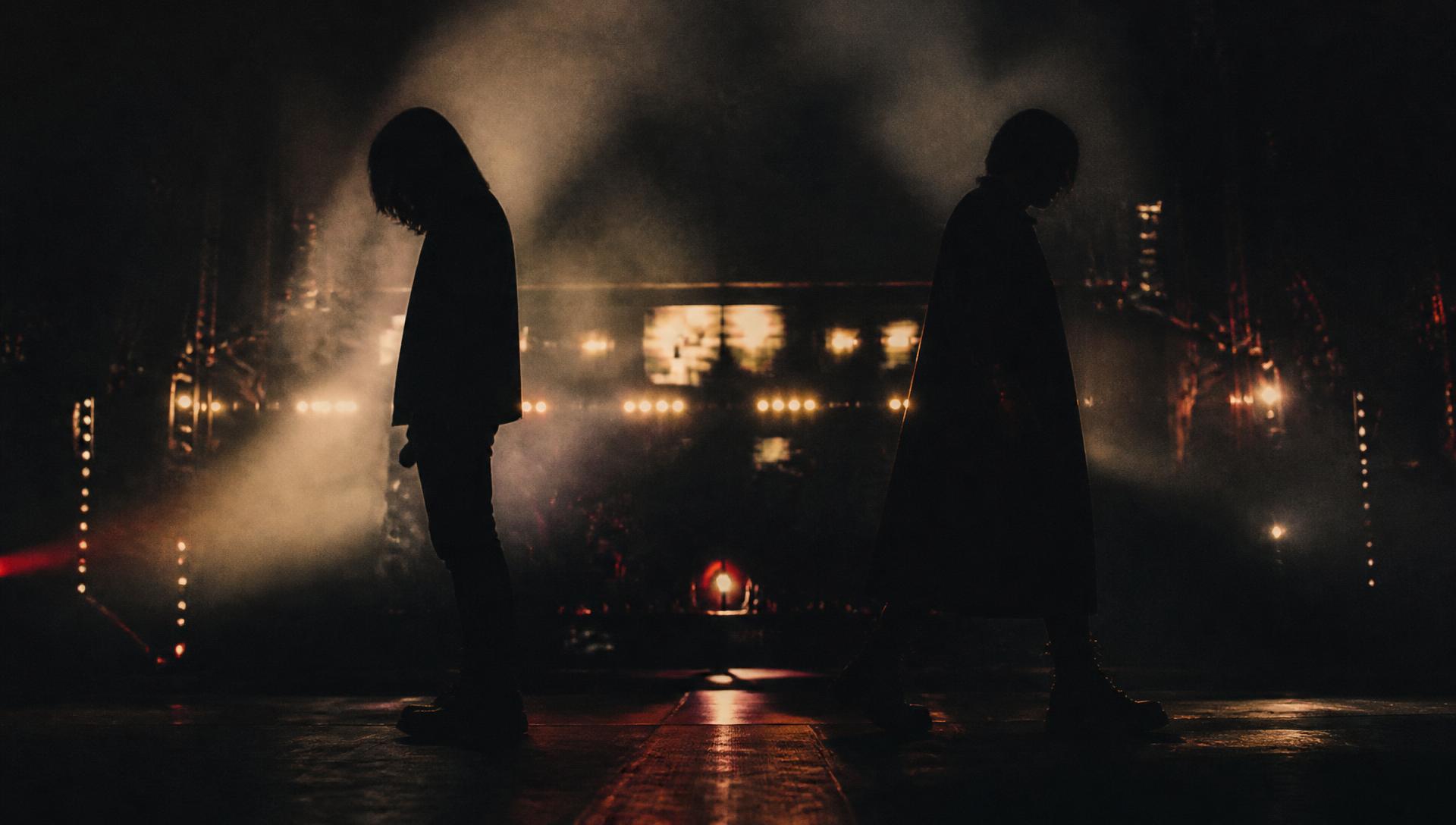 DUELO TV live Latin music battle stage with two performer silhouettes